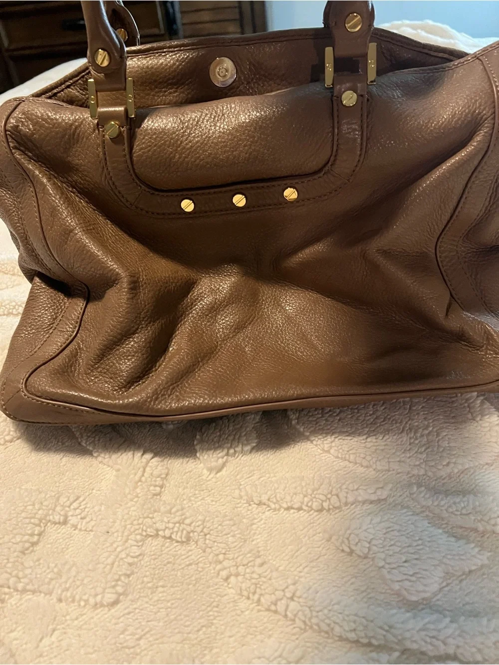 Tory Burch Brown Pebbled Leather Tote with Logo Medallion